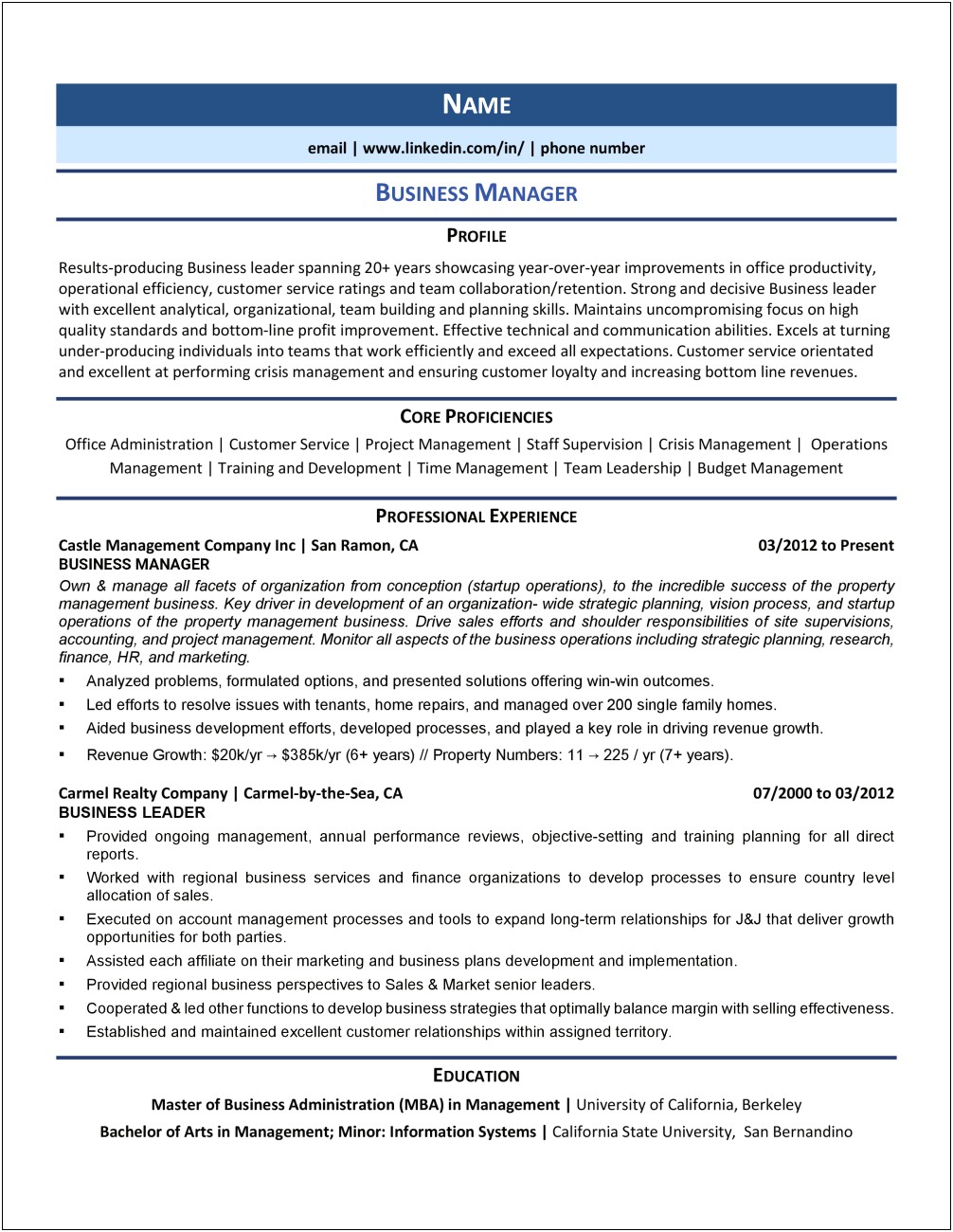 Bachelor Of Arts In Business Management Resume
