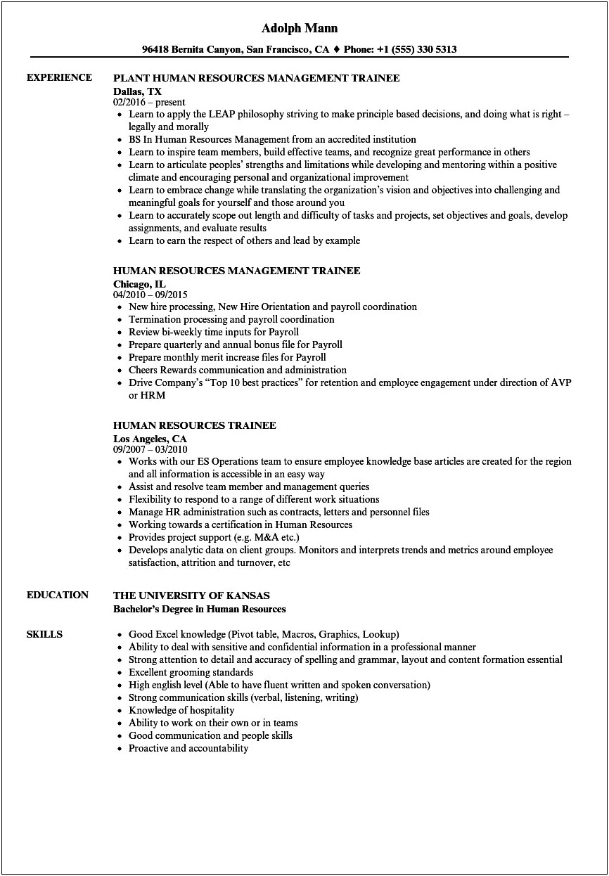 Bachelors Of Science Hrm Resume Examples