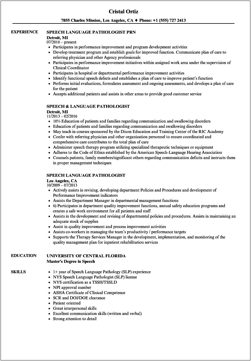 Bachelors Of Slp Resume Objective Examples