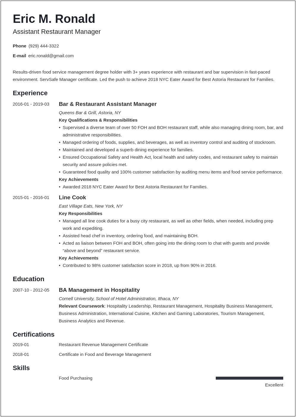 Back Of House Manager Resume