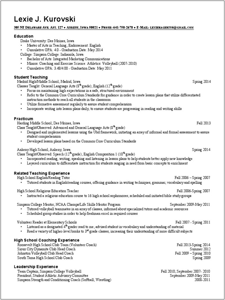 Background On Resume For High School Student Athlete