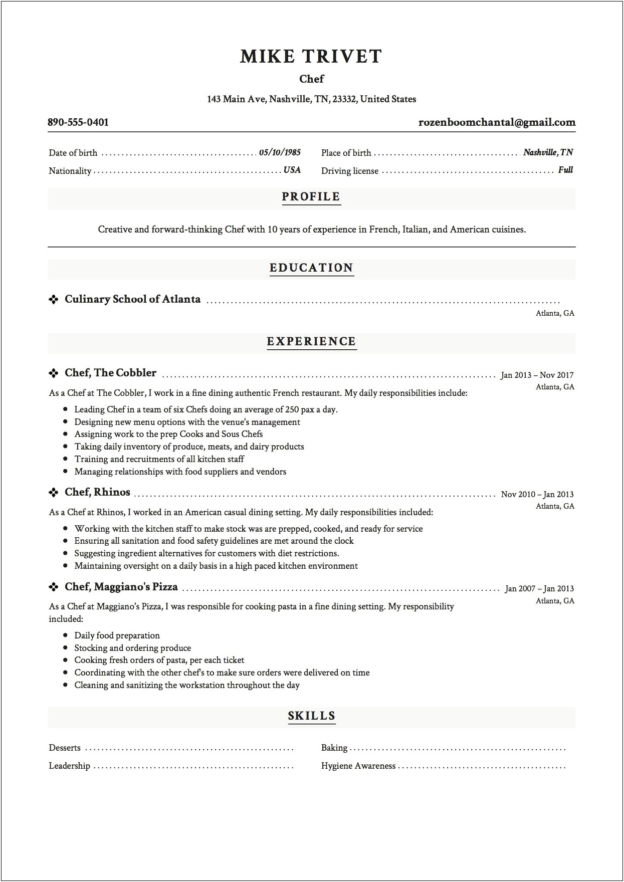 Baker Job Description Resume Sample