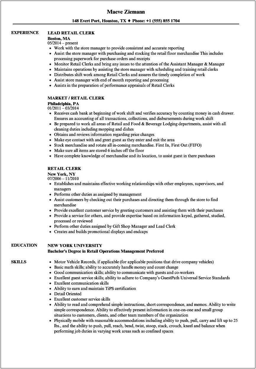 Bakery Clerk Job Description For Resume