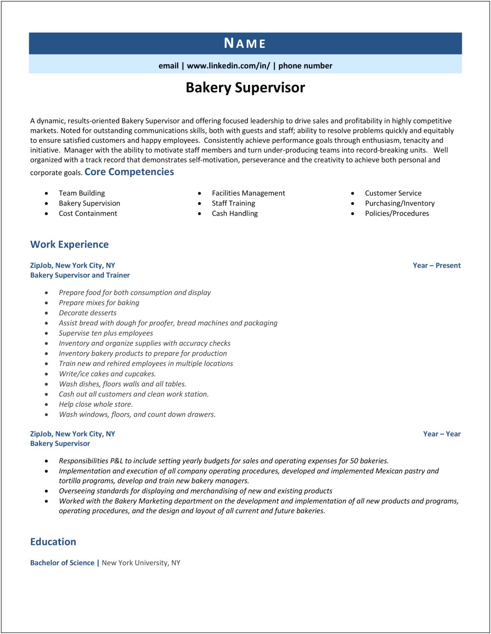 Bakery Manager Job Description For Resume