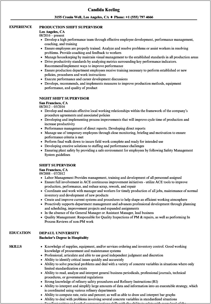 Bakery Shift Manager Duties For Resume