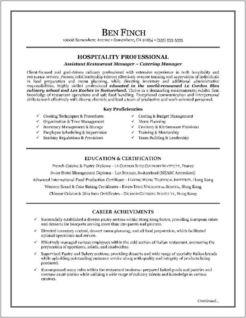 Baking And Pastry Resume Objectives
