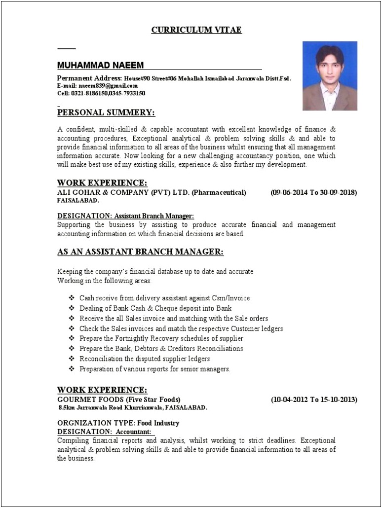 Bank Assistant Branch Manager Resume
