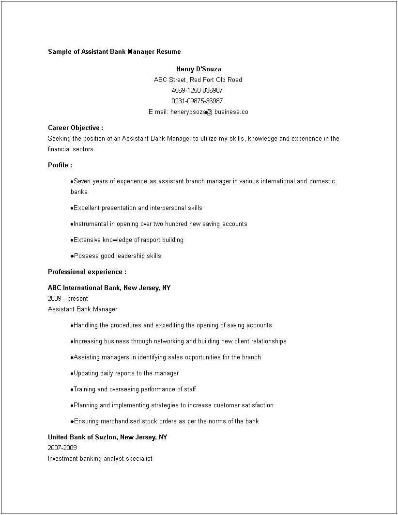 Bank Assistant Manager Resume Examples