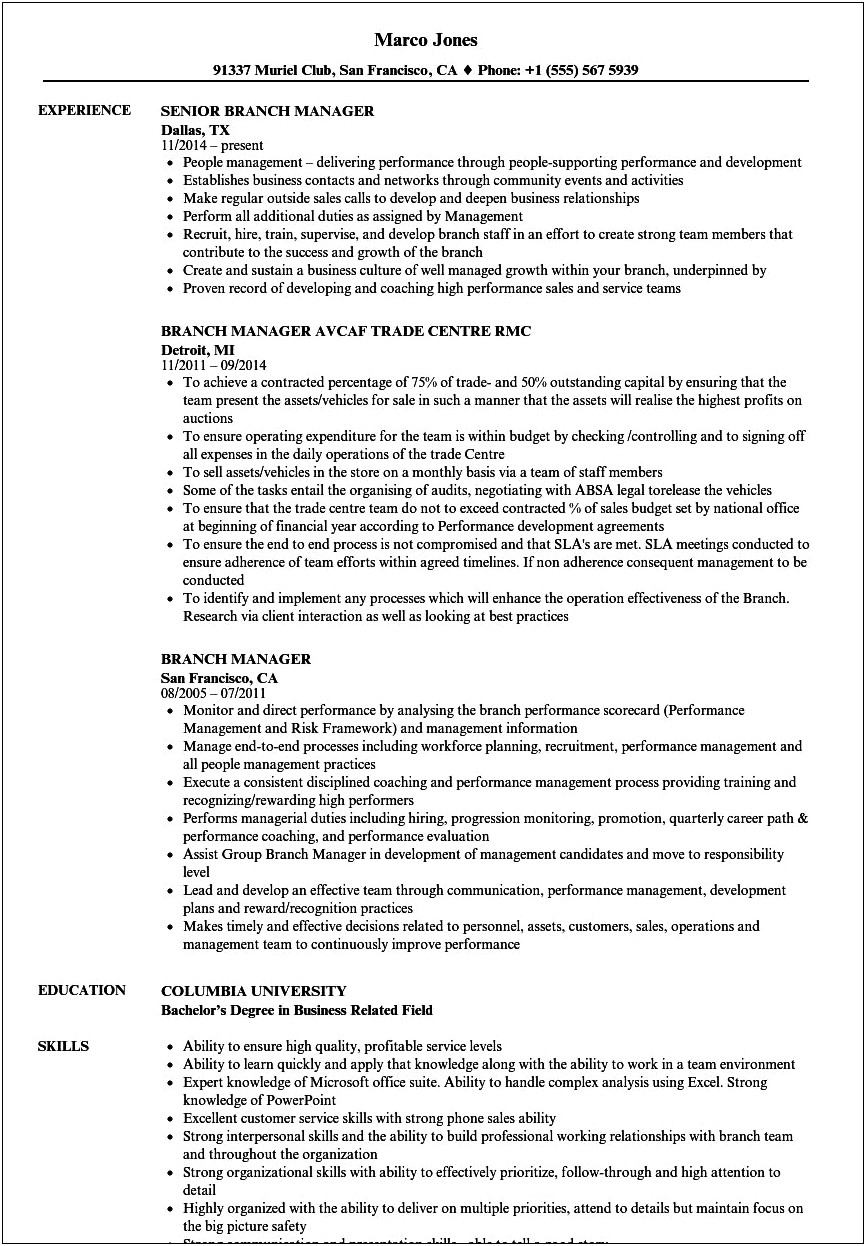 Bank Branch Manager Job Description Resume