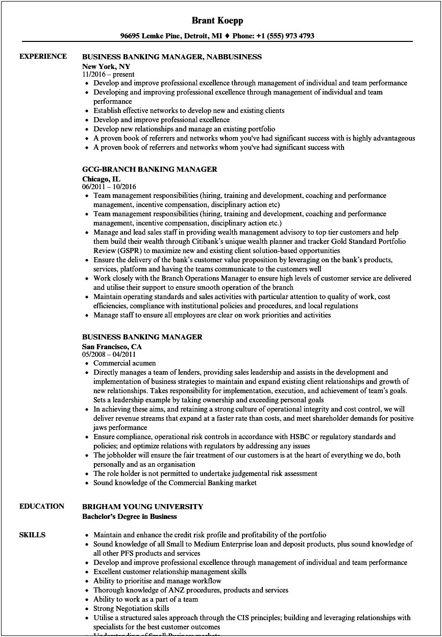 Bank Branch Manager Resume Examples