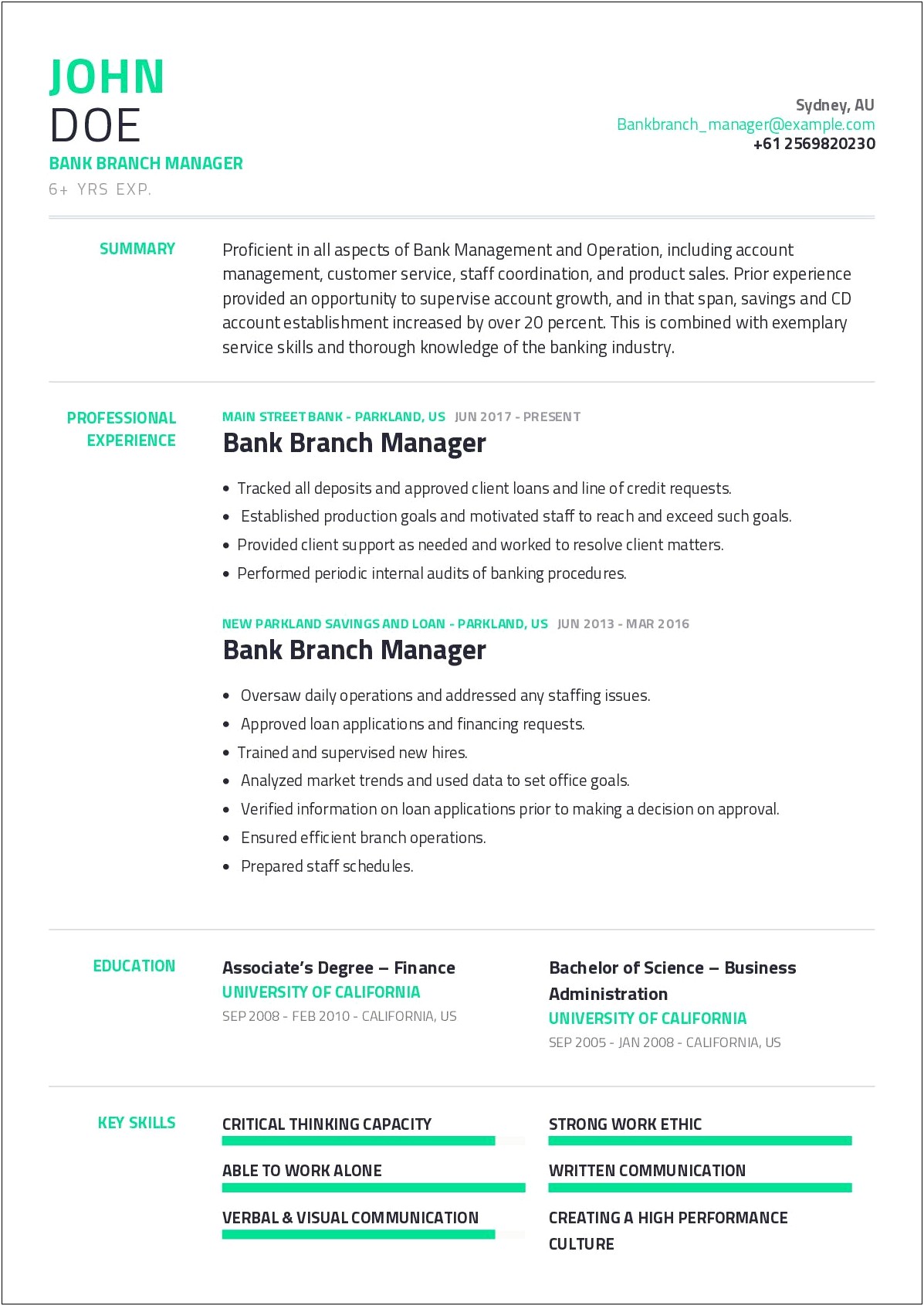 Bank Branch Manager Resume Summary