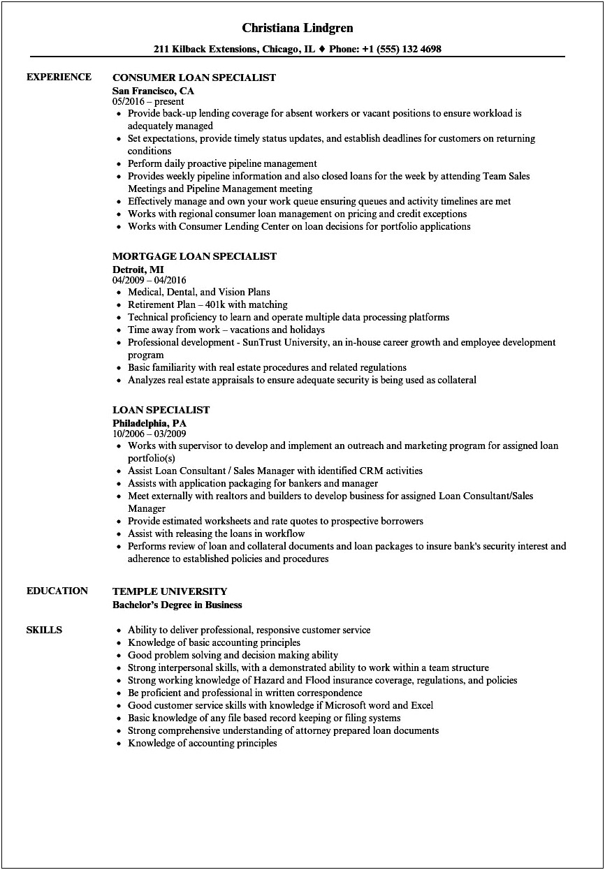 Bank Loan Compliance Resume Examples