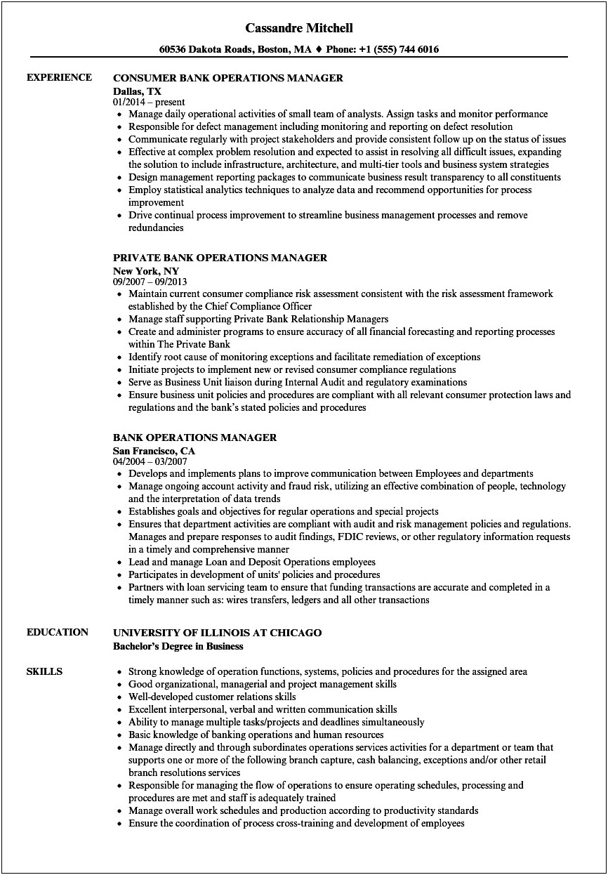 Bank Manager Job Description Resume