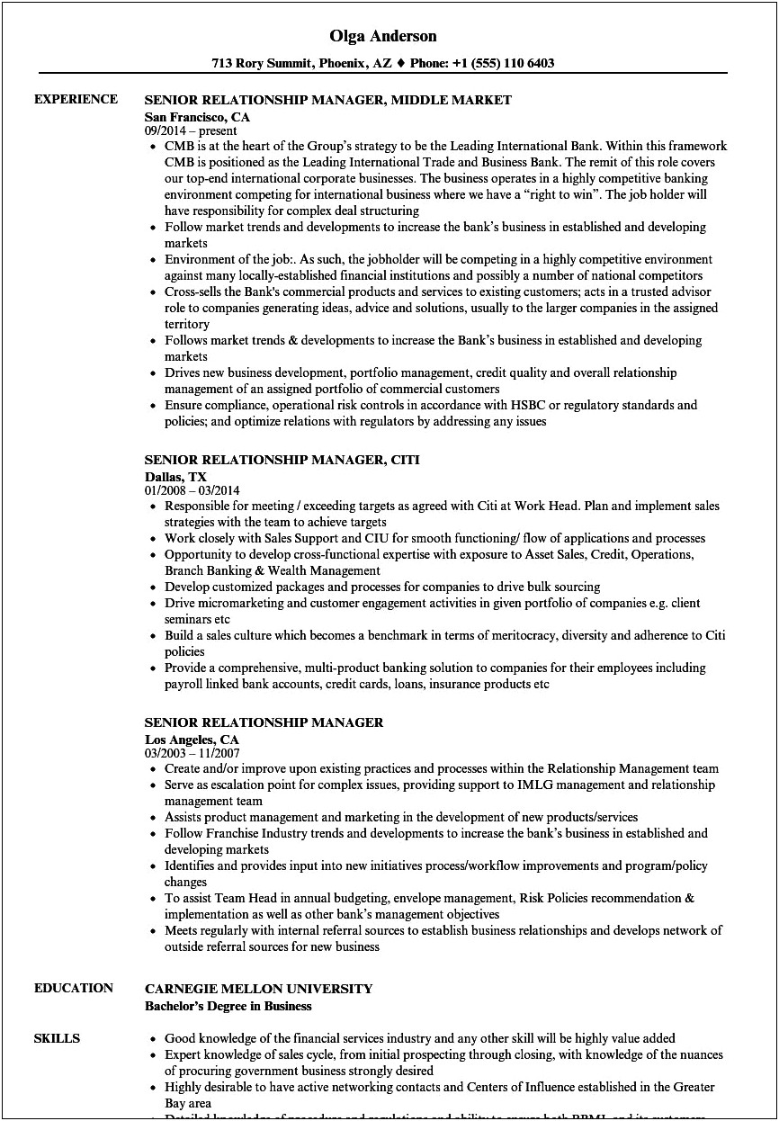 Bank Of America Relationship Manager Resume