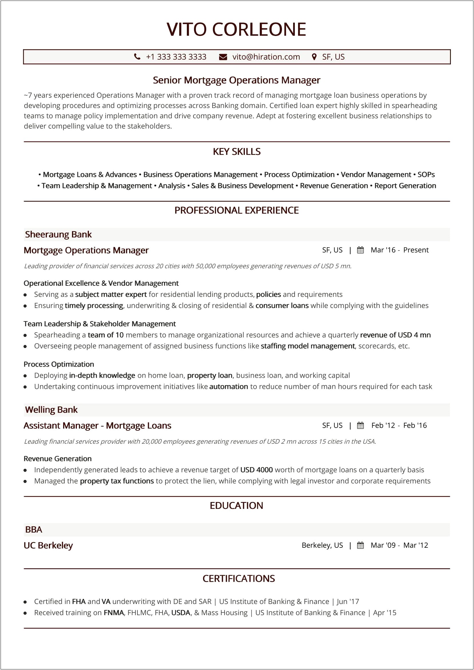 Bank Operations Manager Resume Examples