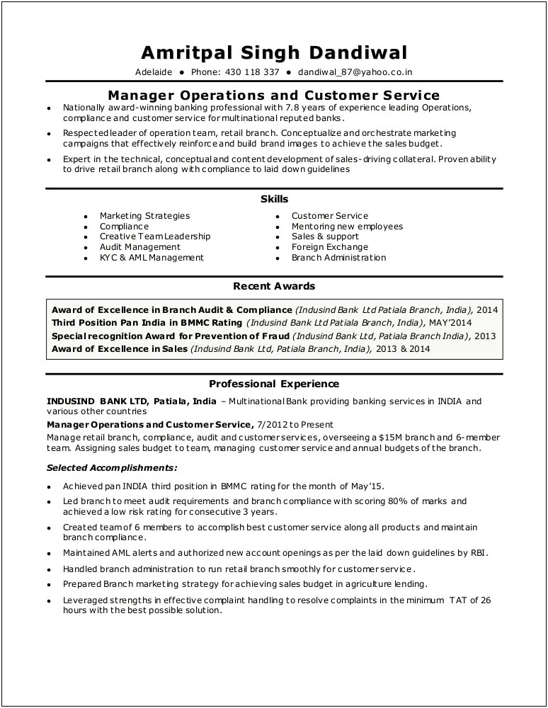 Bank Operations Manager Resume Word Format