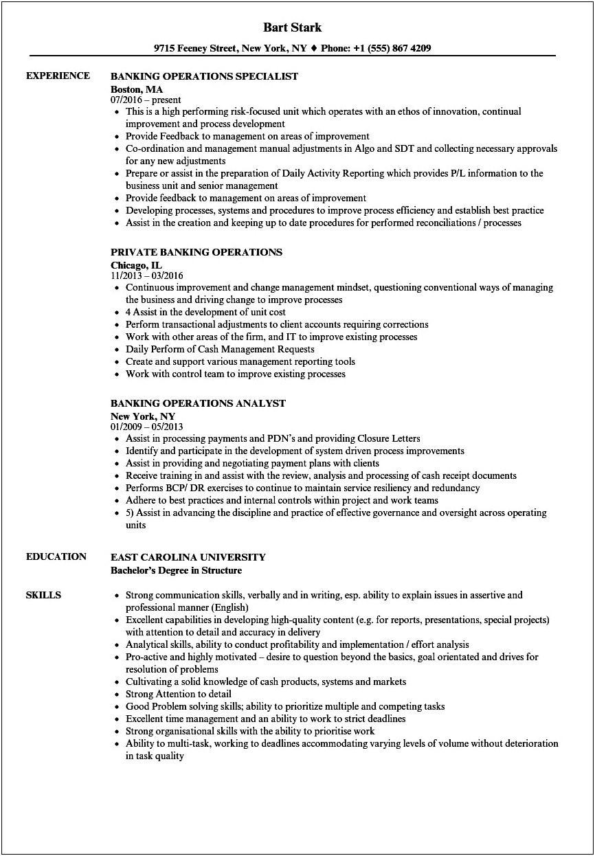 Bank Operations Manager Sample Resume