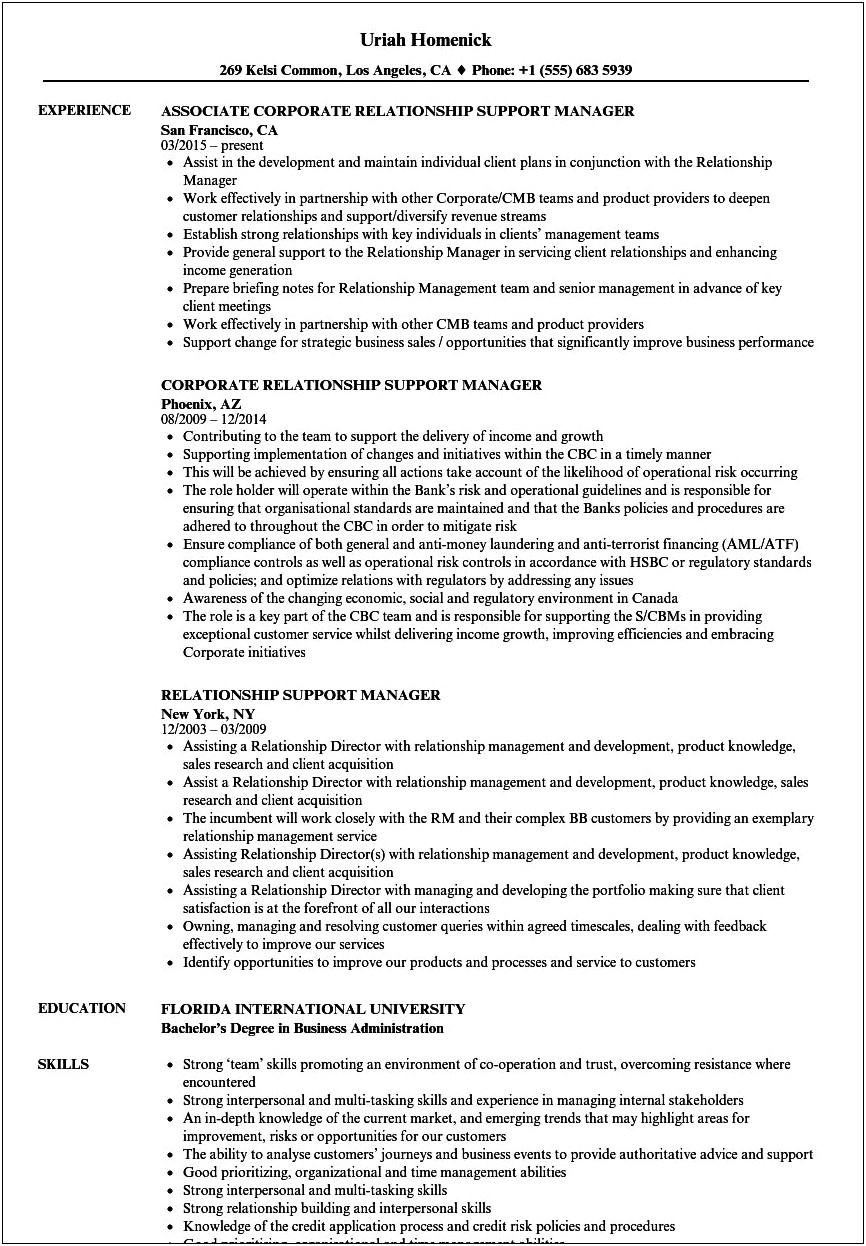 Bank Relationship Manager Job Description Resume