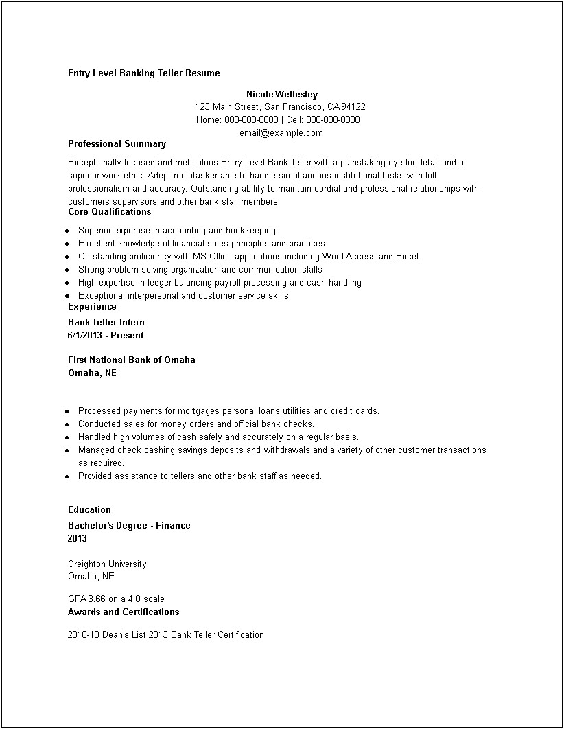 Bank Teller Resume Summary Sample