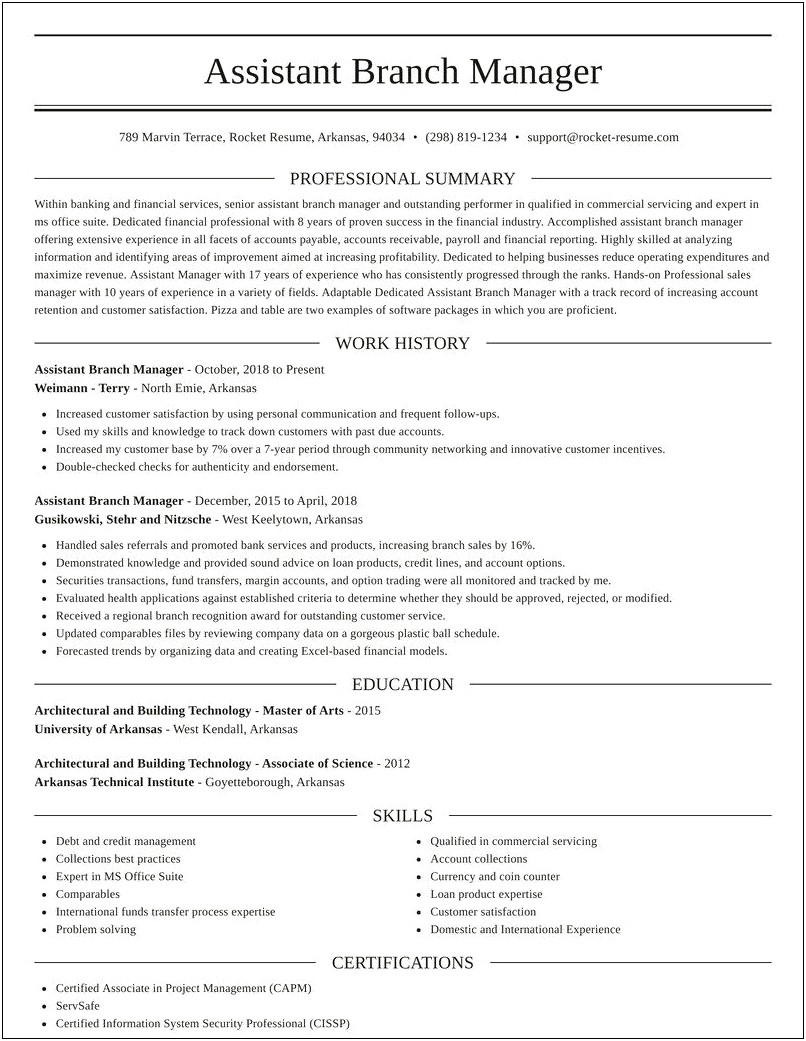 Banking Assistant Branch Manager Resume