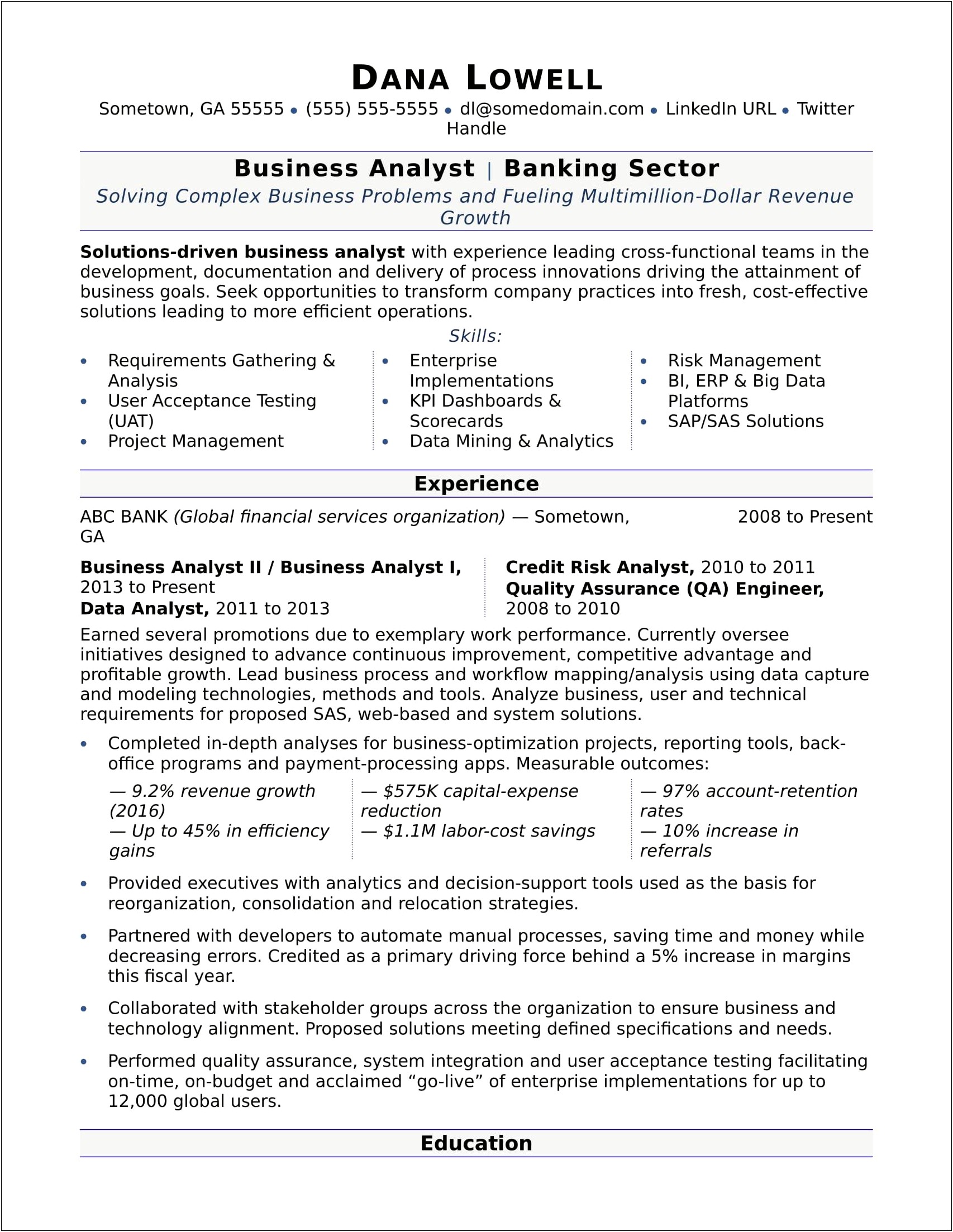 Banking Business Analyst Resume Sample