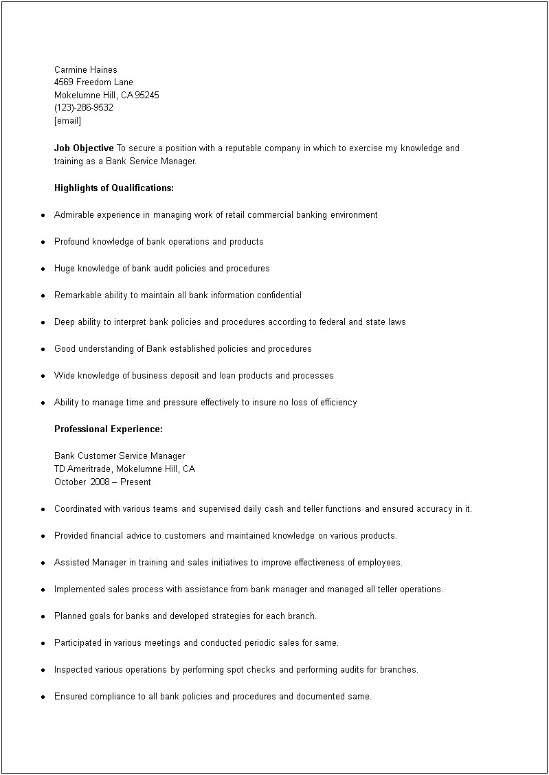 Banking Center Manager Job Description For Resume