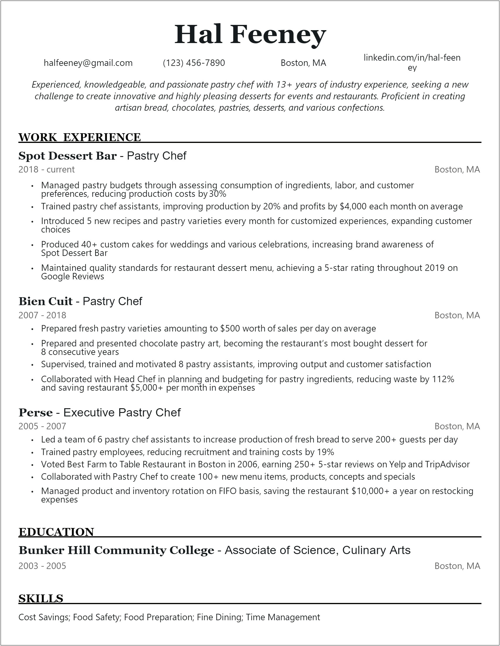 Banquet Chef Skill And Resume