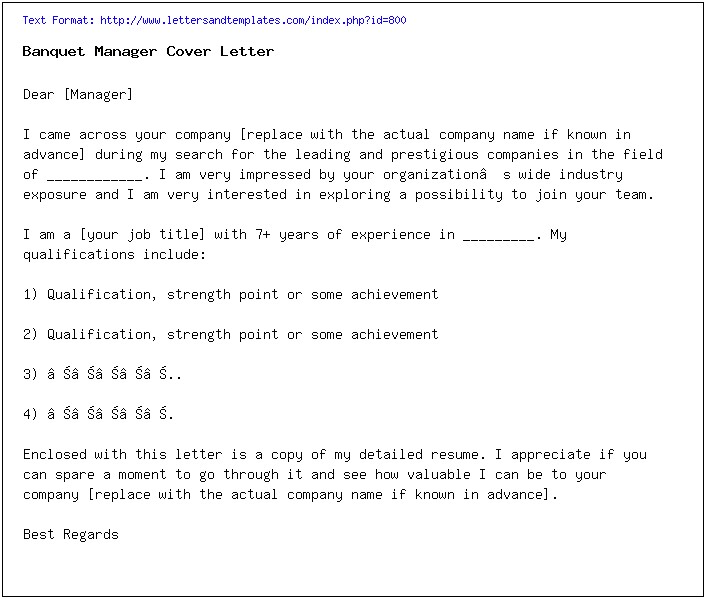 Banquet Manager Resume Job Description