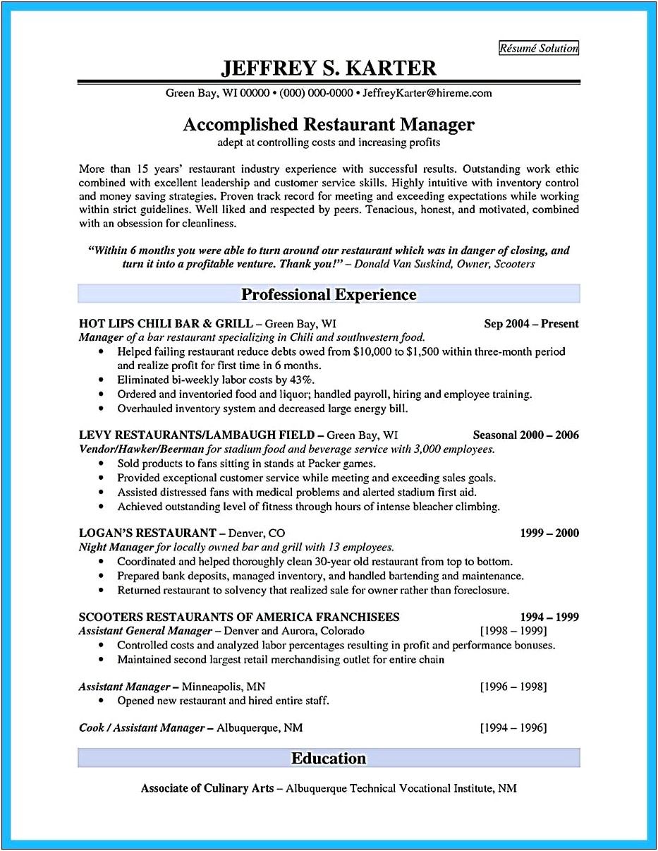 Bar General Manager Resume Example