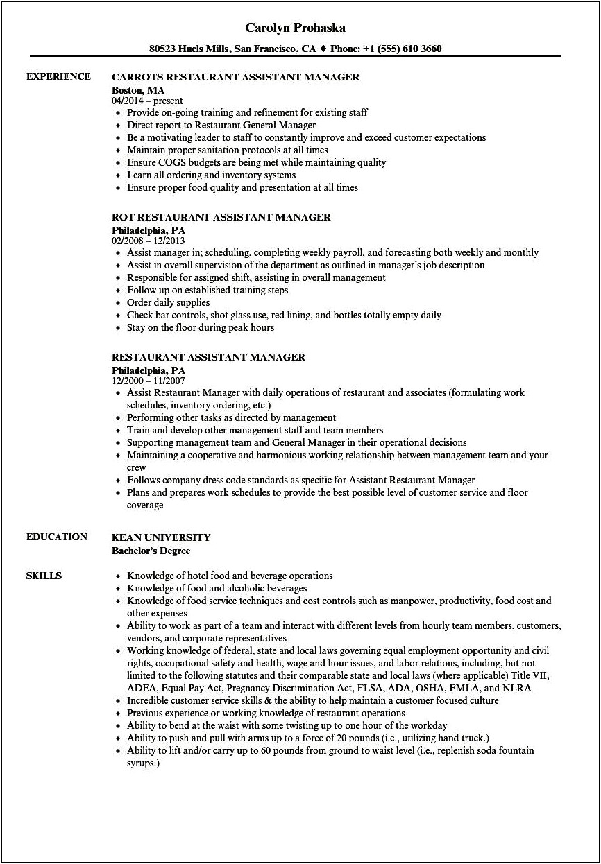 Bar General Manager Resume Examples