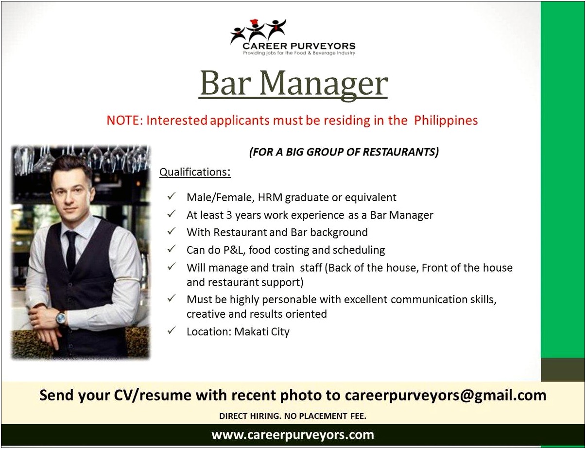 Bar Manager Resume Job Description