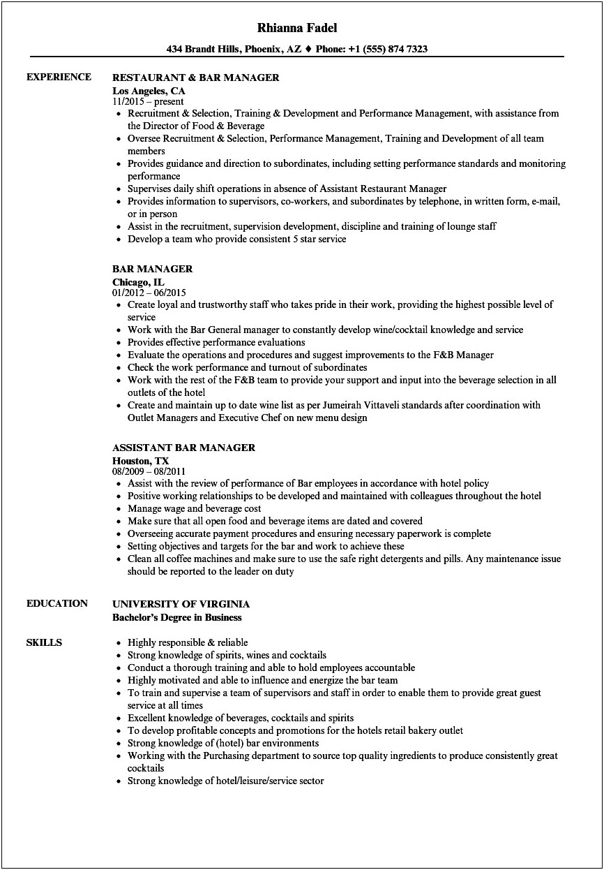 Bar Supervisor Job Description Resume