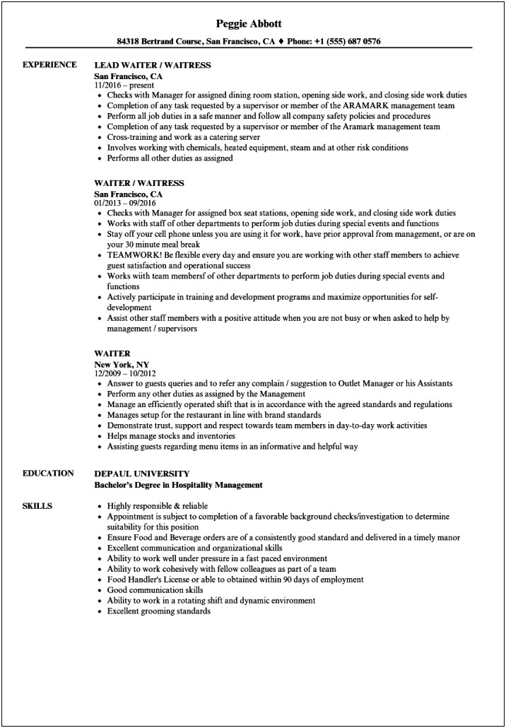 Bar Waitress Job Description Resume