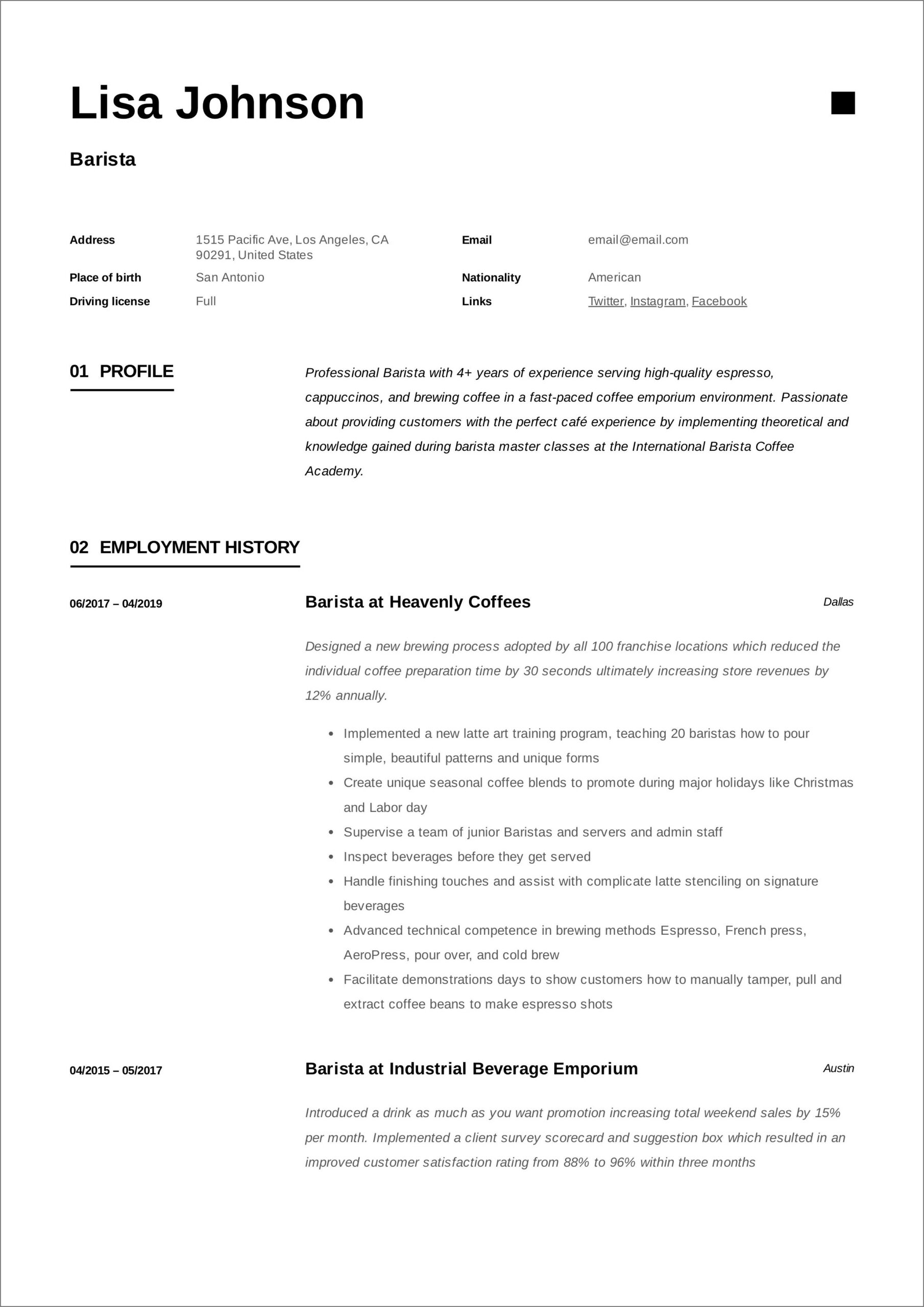 Barista Job Description On Resume