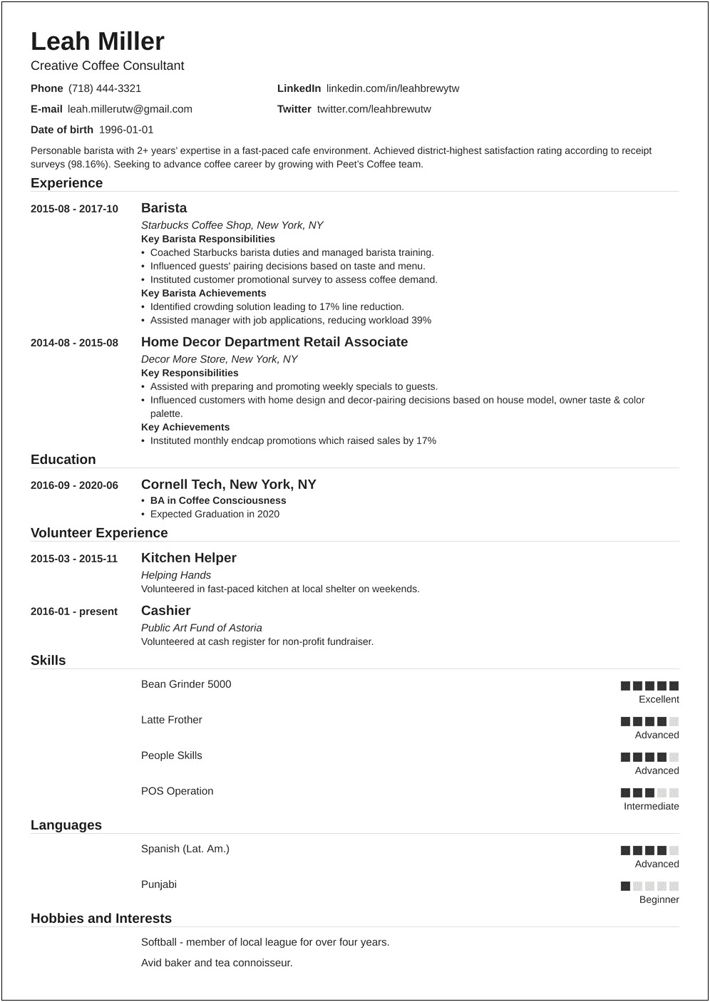Barista Job Description Resume Example