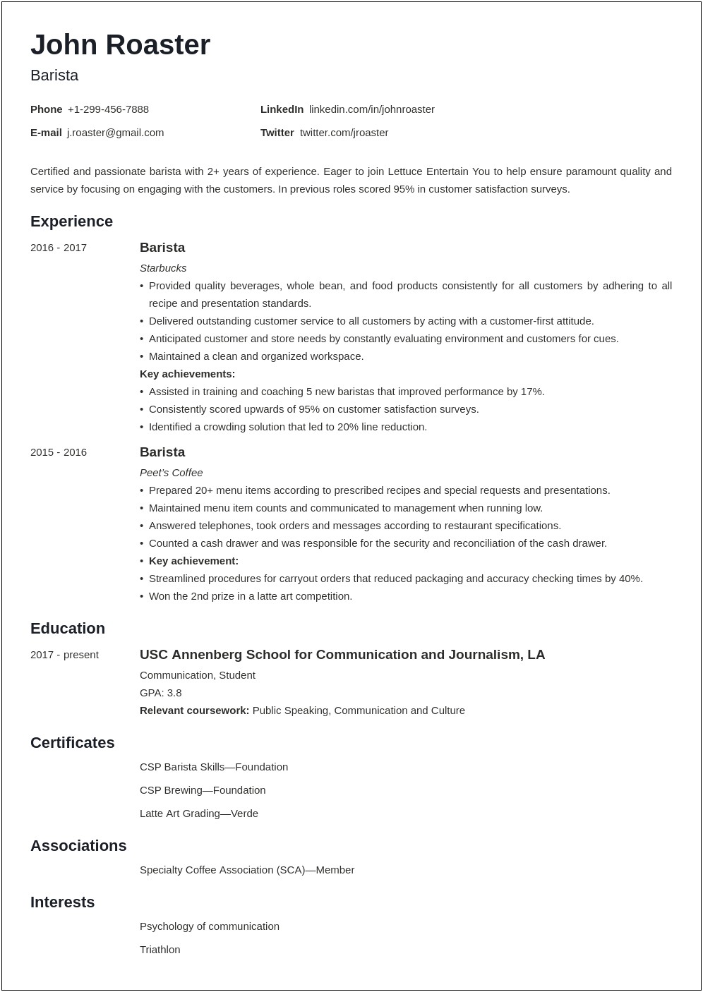 Barista Job Description Resume Samples
