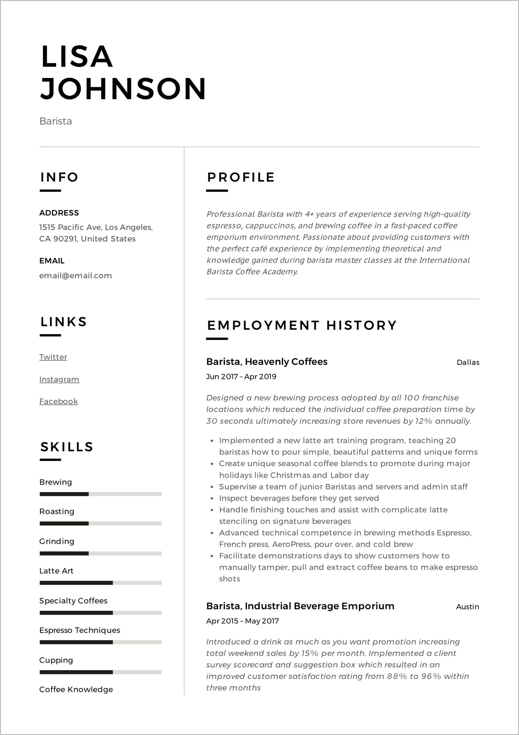 Barista Job Description Resume Starbucks