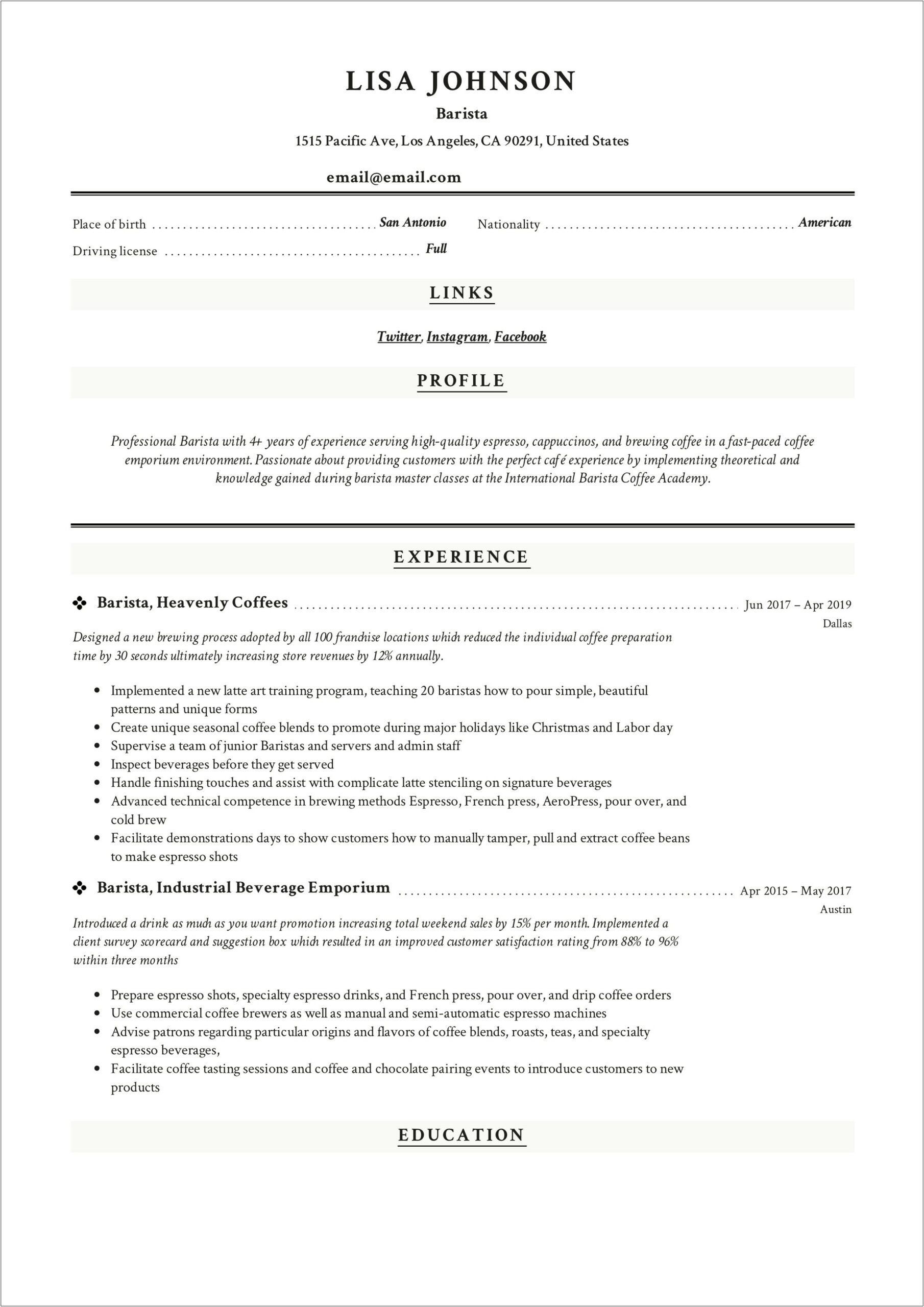 Barista Resume Samples With No Experience