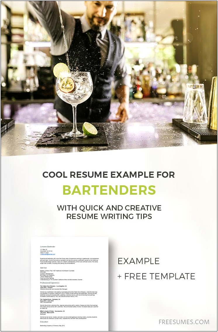 Bartender Cocktail Waitress Resume Sample