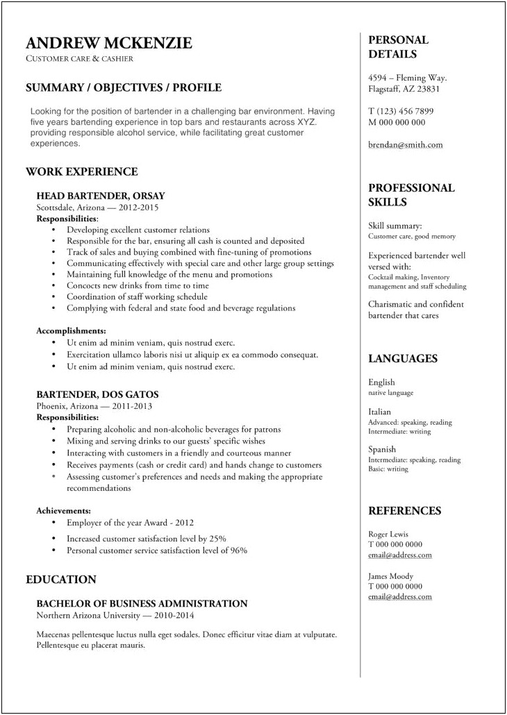 Bartender Resume Objective No Experience