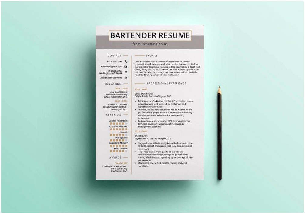 Bartender Resume One Page Free