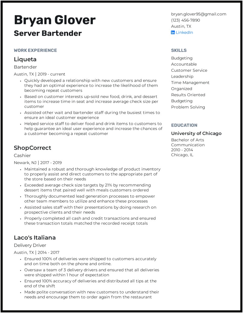 Bartender Resume With Picture Template Download
