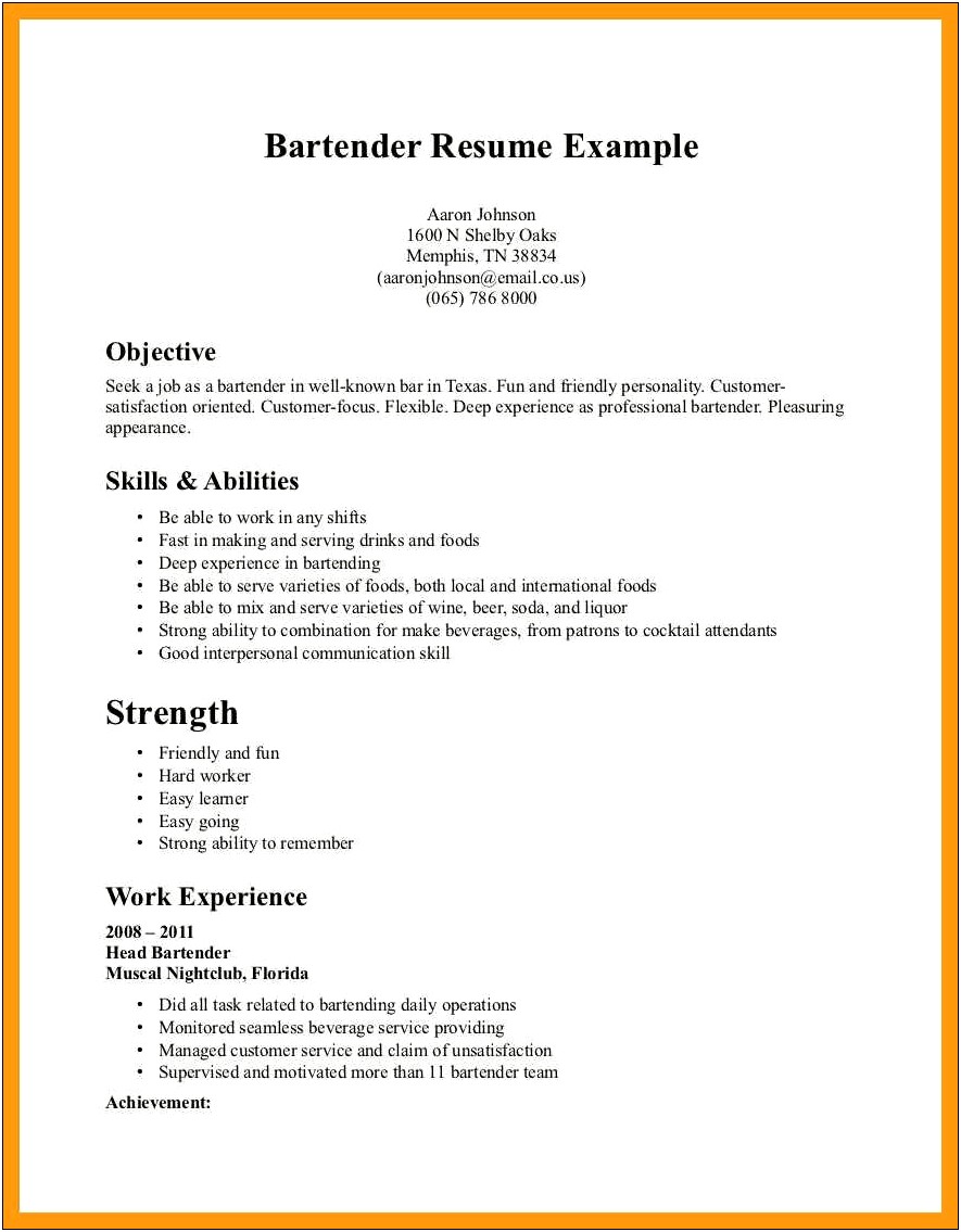 Bartending Resume No Experience Example