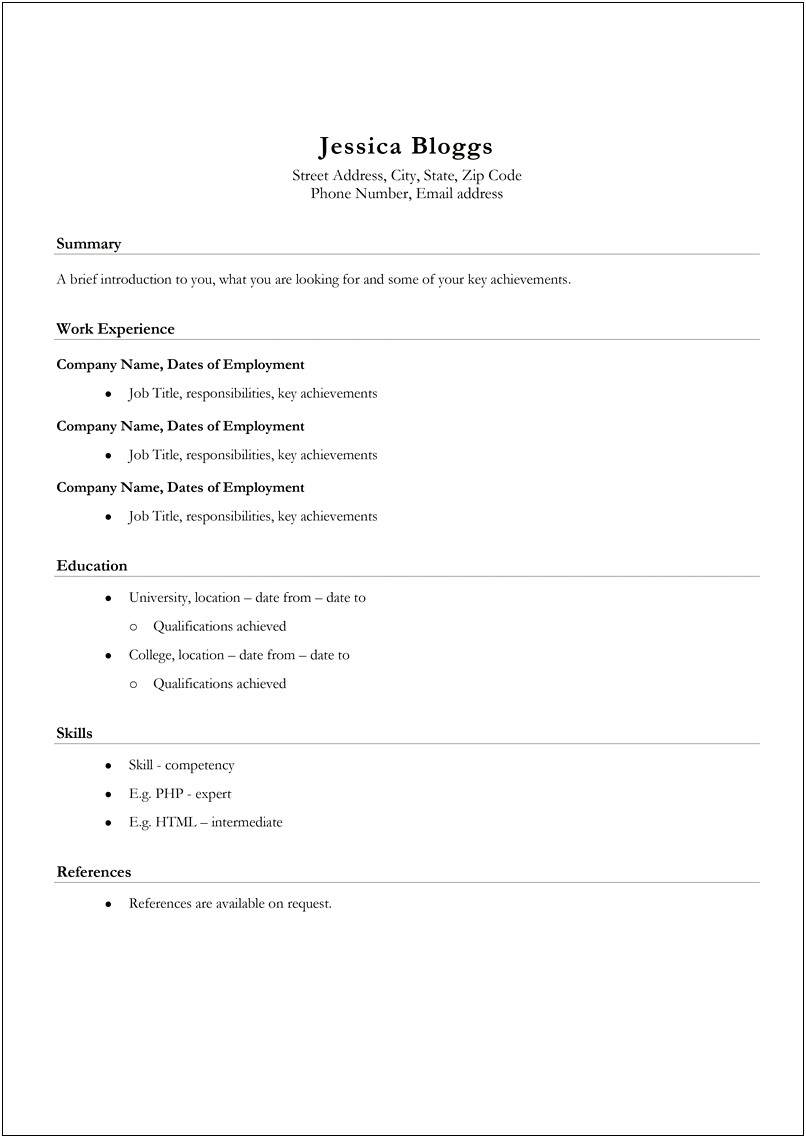 Basic Sample Of A Simple Resume