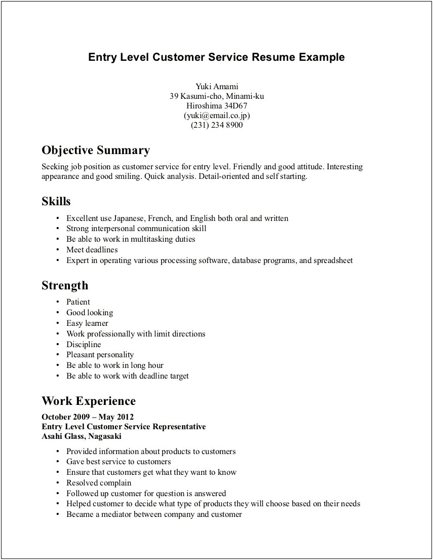 Basic Sample Resume For Customer Service