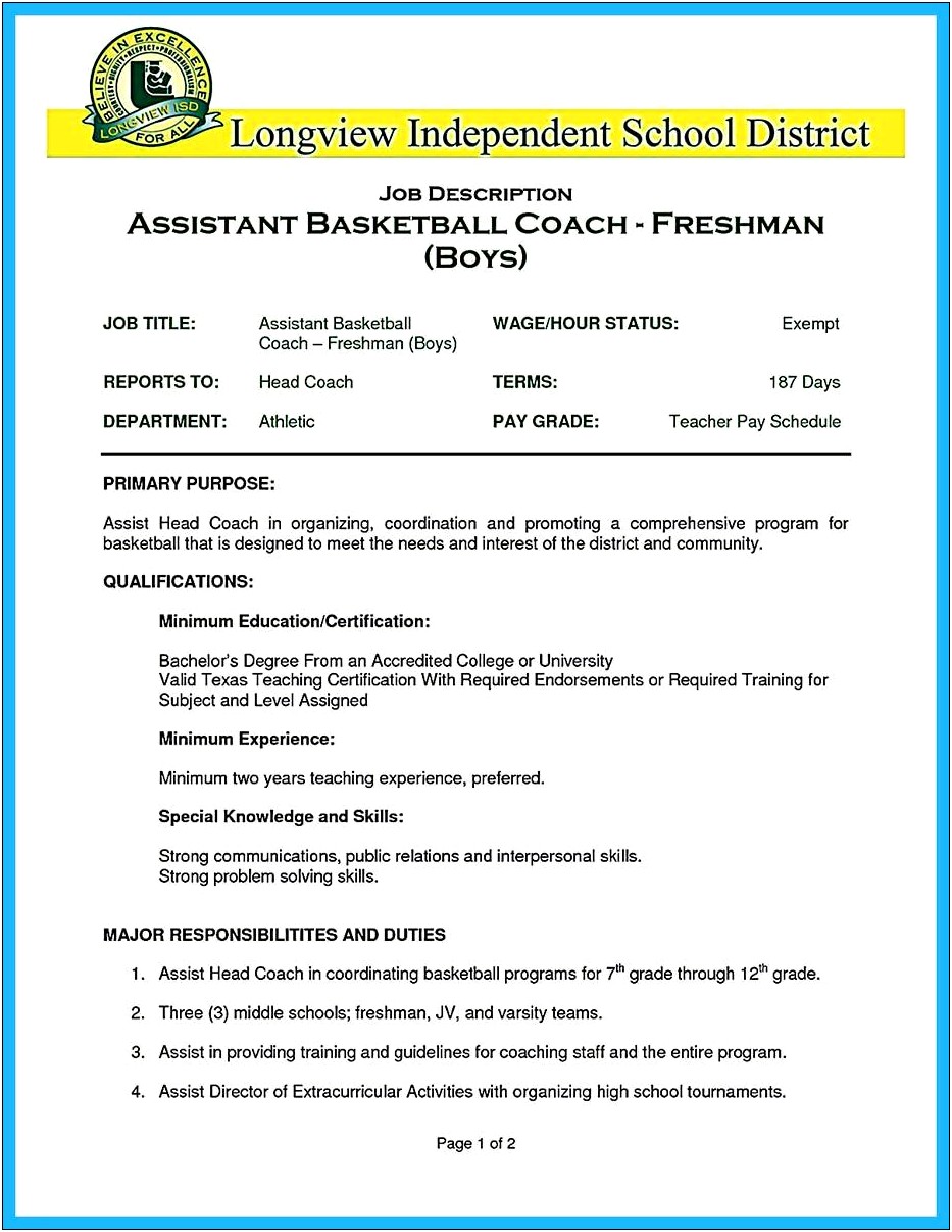 Basketball Head Coach Resume Sample