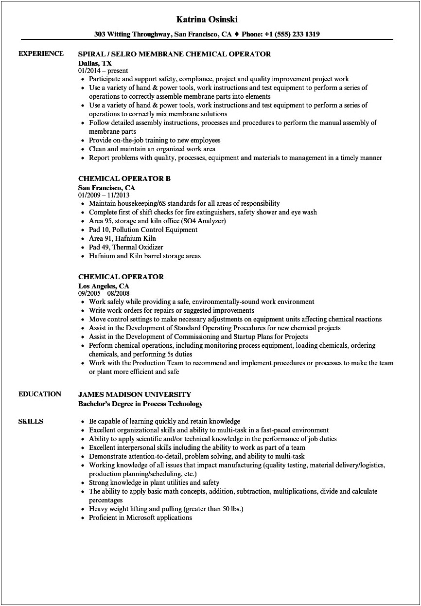 Batch Operator Job Description Resume