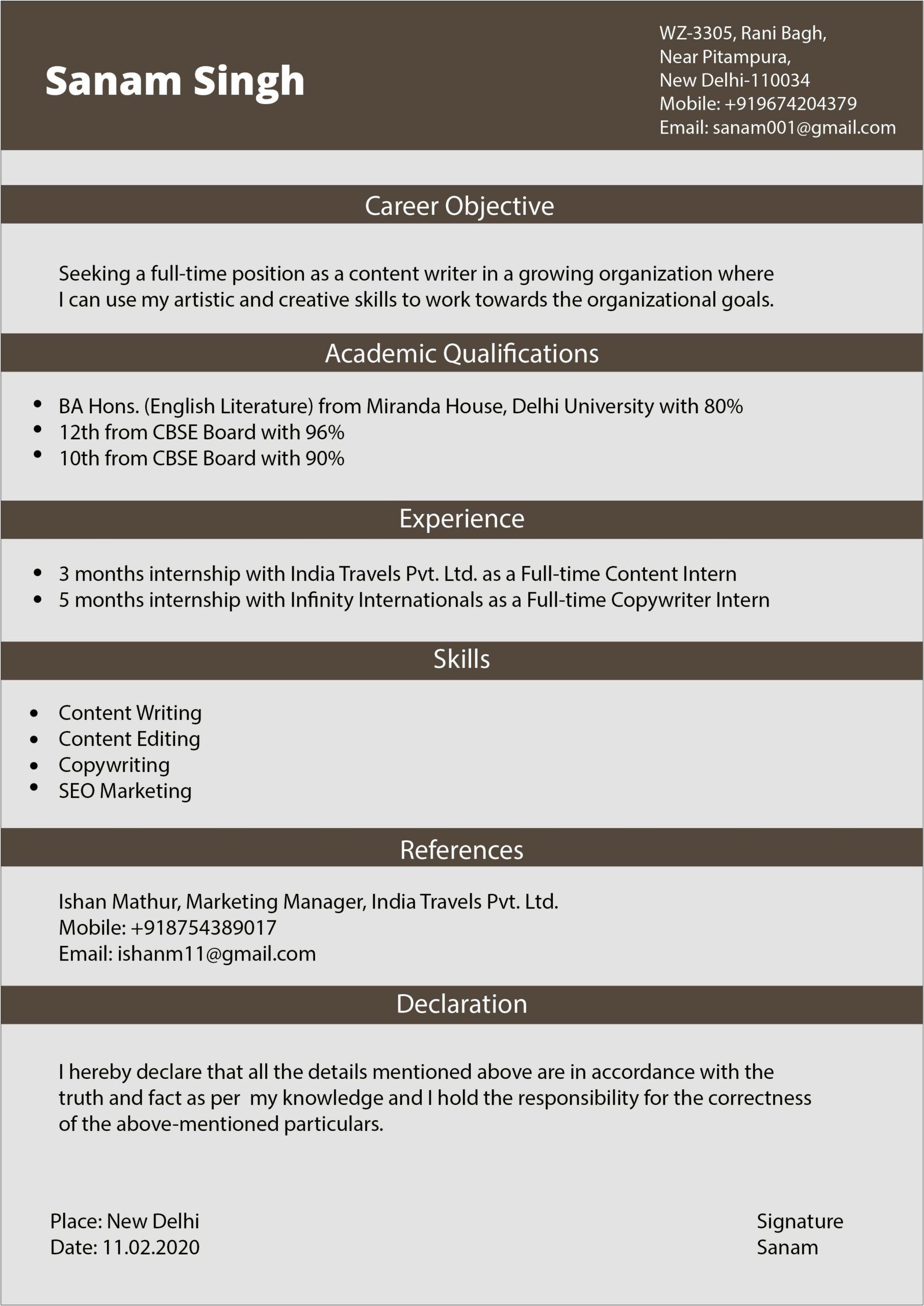 Bca Fresher Resume Format In Word