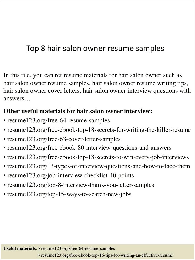 Beauty Salon Owner Resume Sample