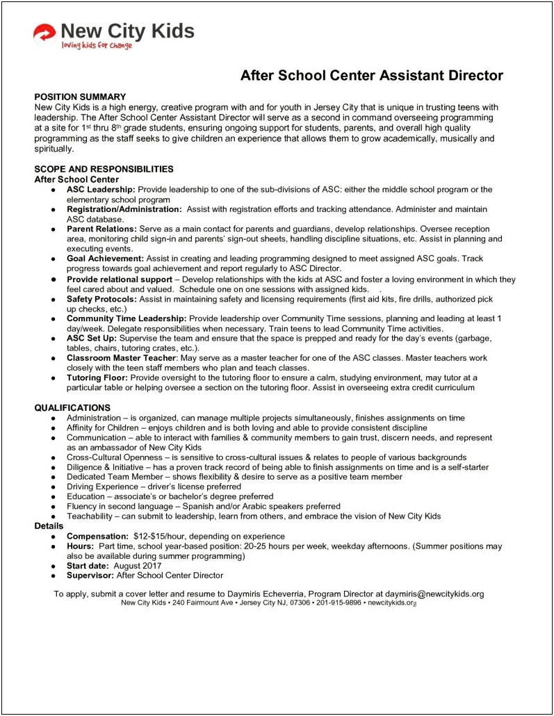 Before And After School Program Resume